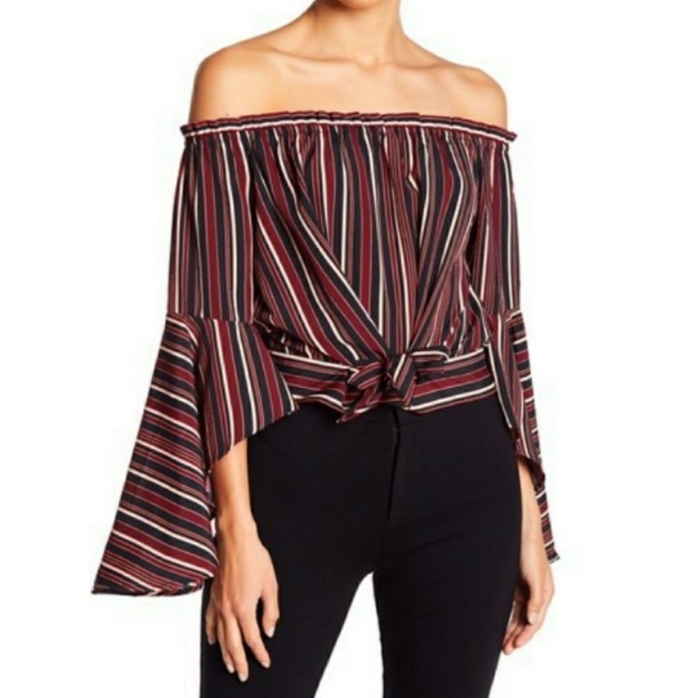Band of Gypsies Pinstriped MaroonBlack Longsleeve boho Medium off the shoulder